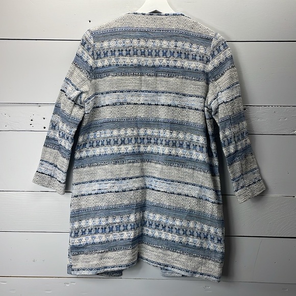 H&M Blue & White Long Line Woven Jacquard Tapestry Printed Jacket Shacket XS - Picture 3 of 6